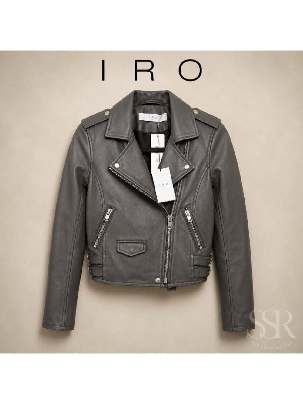 IRO Ashville Lamb Leather Moto Biker Jacket FR 34 XS Gray Zip Cropped